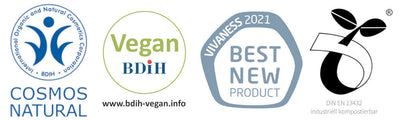 Zertifizierte vegane Naturkosmetik, BDIH Cosmos Natural, BDIH vegan, VIVANESS Best New Product Award, Industriell kompostierbar gemäß DIN EN 13432, Keimling Siegel