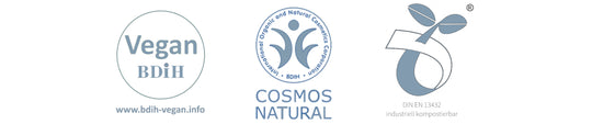 Zertifiziert Vegan, Cosmos Natural, kompostierbar, Keimling Siegel
